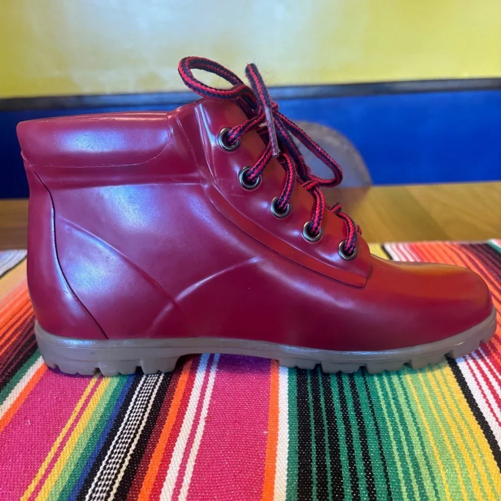 Lands End Womens Red Rubber Lace Up Rain Boots Waterproof Ankle Booties Size 8